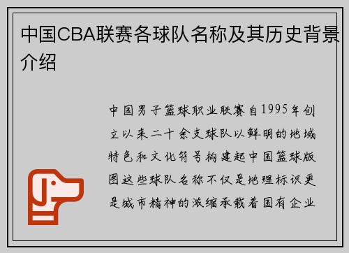 中国CBA联赛各球队名称及其历史背景介绍